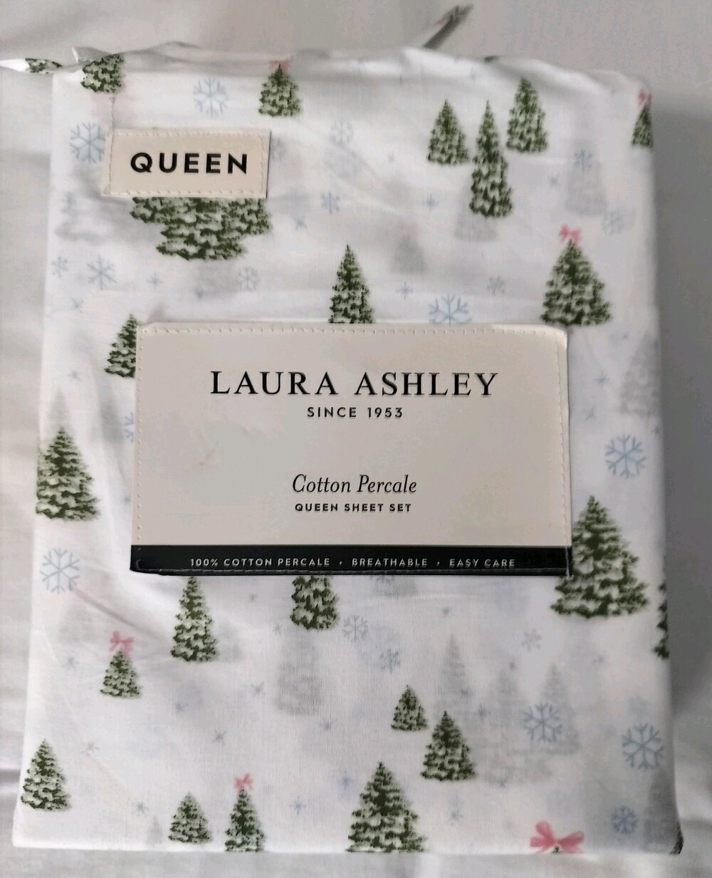 Laura Ashley Queen Sheet Set Floral 4pc 4 Piece 100%   Cotton Percale Christmas